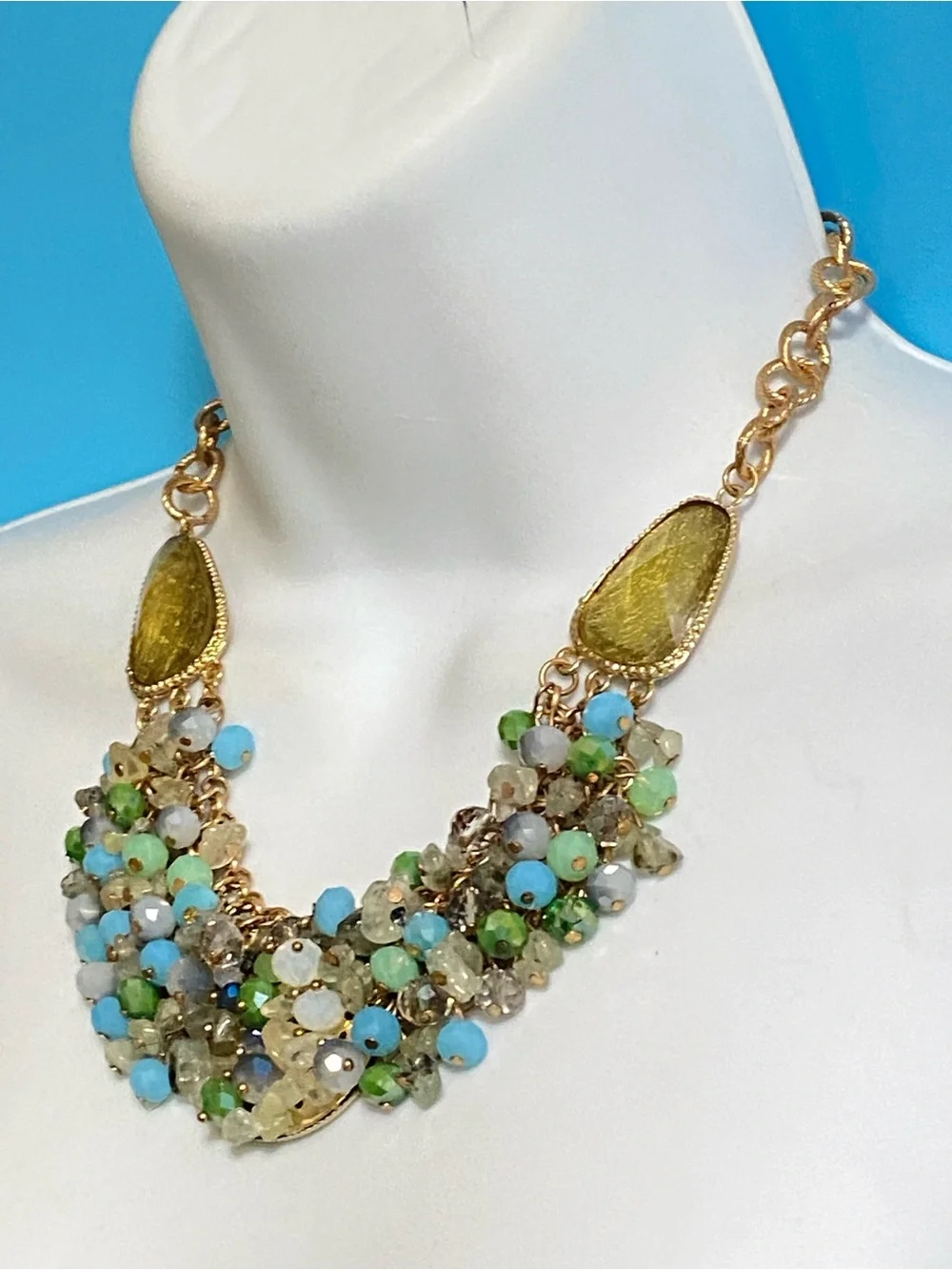JANICE KEELER Glass Beads Statement Necklace Gold Tone Blue Green